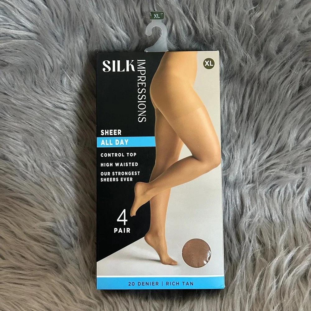 Silk Impressions Sheer Control Top Tights Womens Size XL‎ Rich Tan High Waisted
